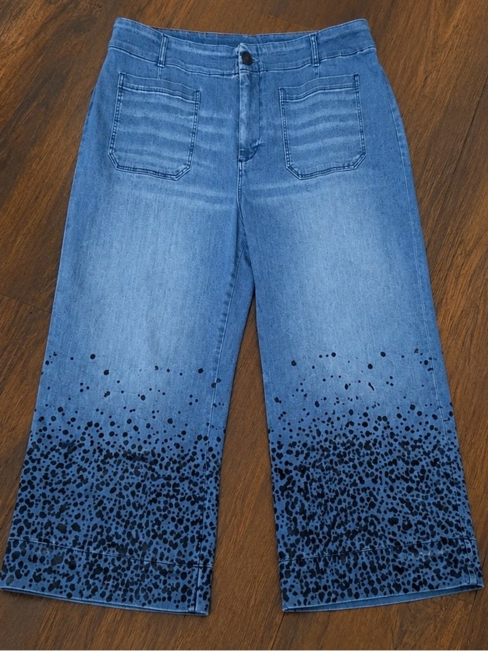 Anthropologie Medium Blue Cropped Wide-Leg Jeans with Navy Sequin Hem Sz 26W